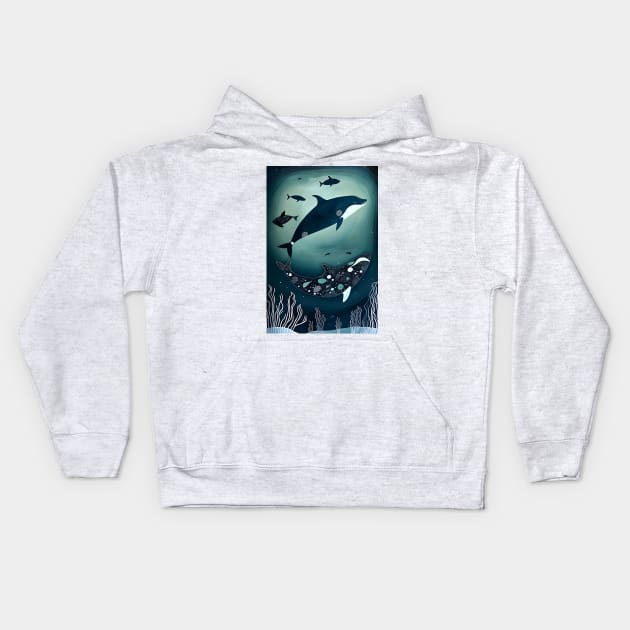 Orcas in the Deep Ocean - Inuit Art Kids Hoodie by Mistywisp